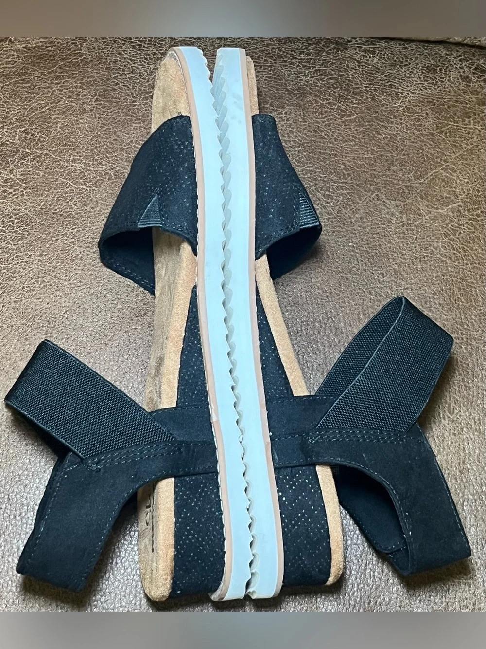 Skechers Sandals Womens 9 Desert Kiss Ankle Strap Black Stretch Wedge 56195S ***